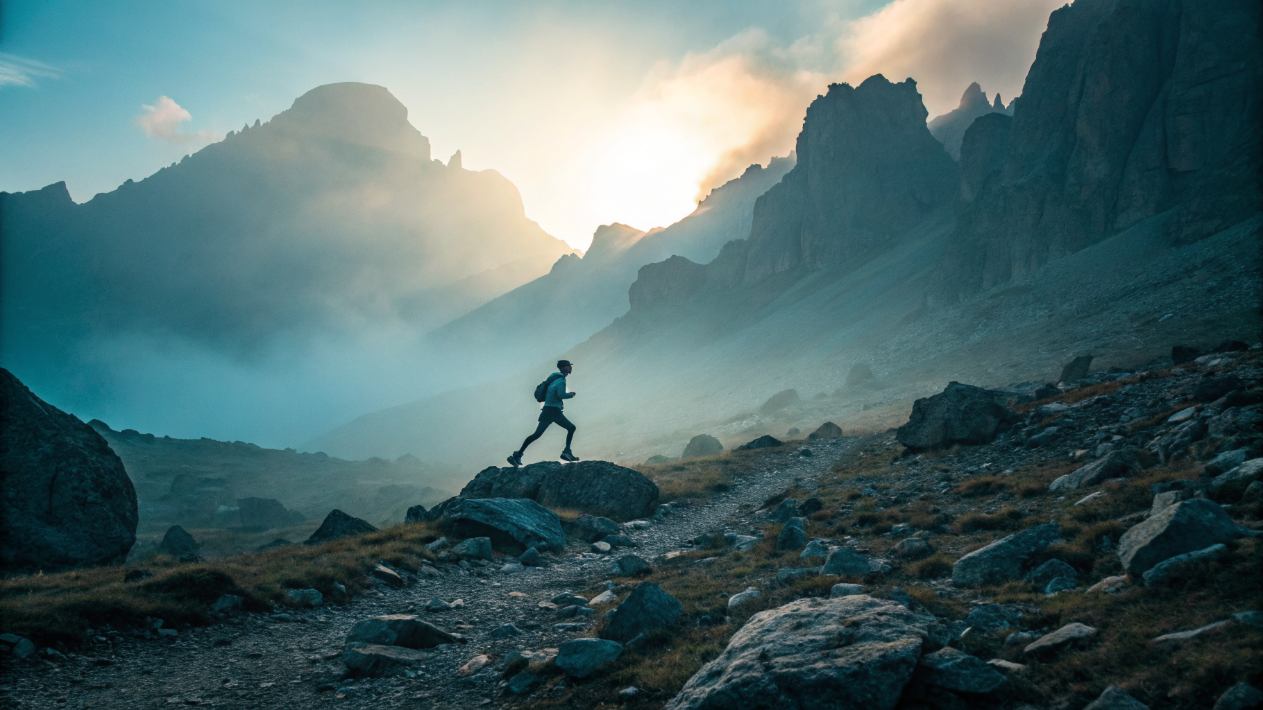 Athlete on mountain pass at dawn